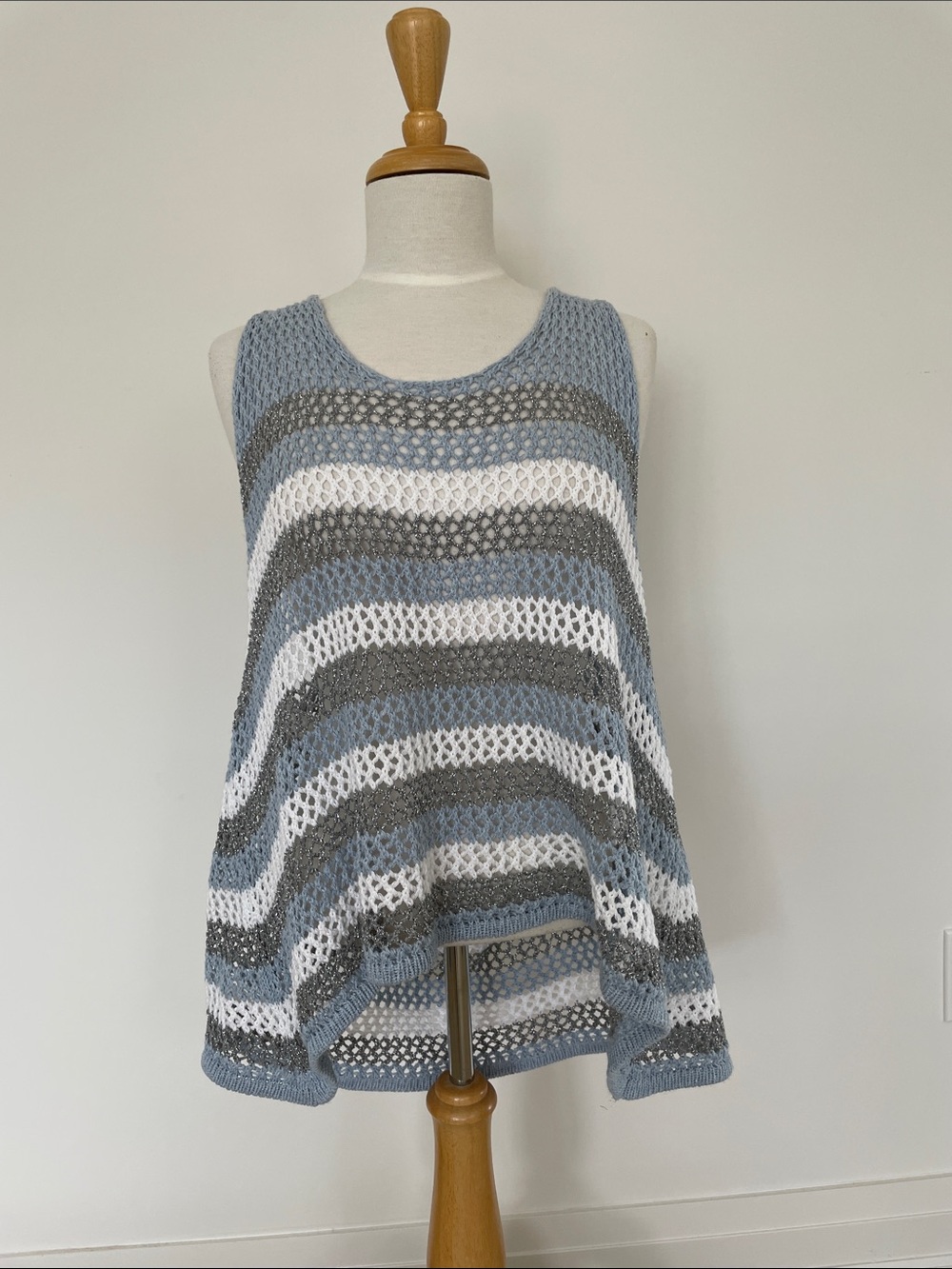 Pistache - Striped Crochet Scoop Neck Tank Top - Lt Blue/Metallic Silver/White